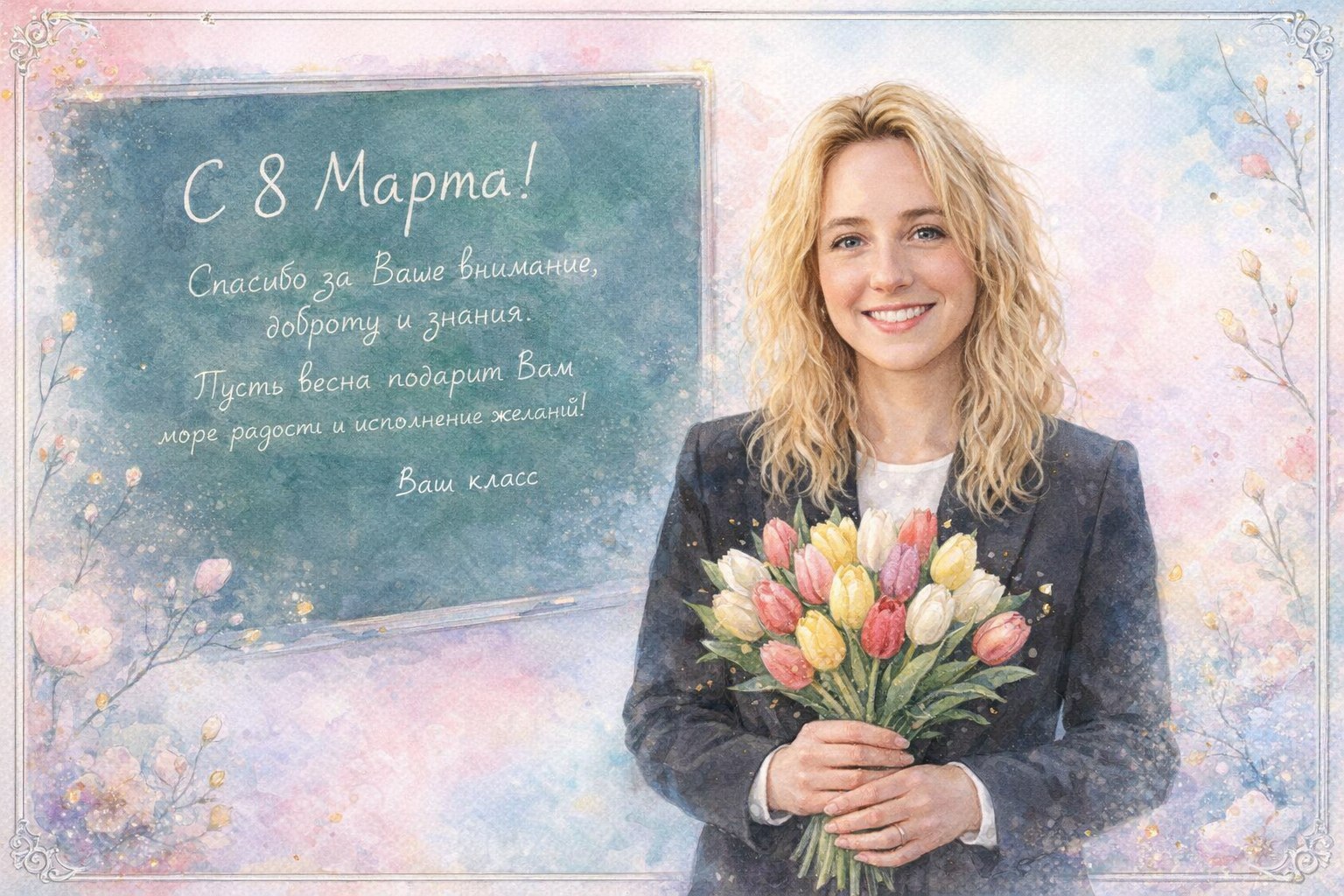 Greeting card 8 march uchitelyu AI effect result example